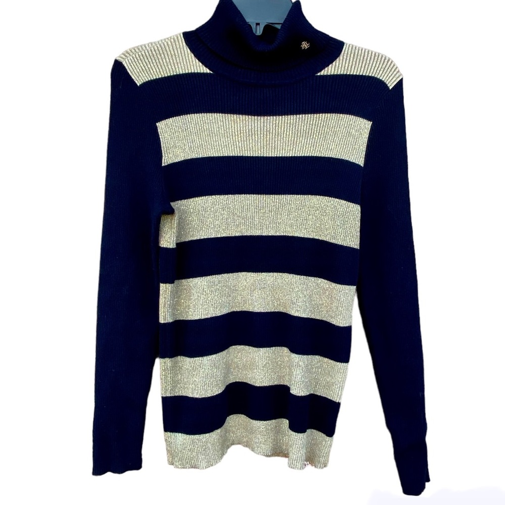 Lauren by Ralph Lauren Ribbed Turtleneck Sweater Black and Gold Size Large - Picture 2 of 9